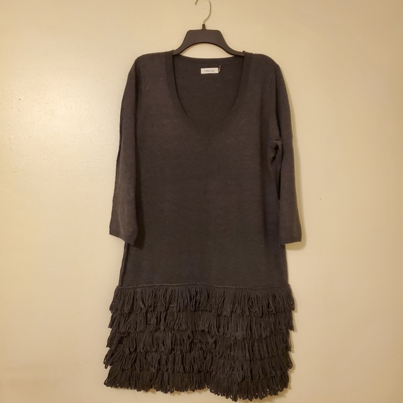 Calvin Klein Dresses & Skirts - Calvin Klein Gray Sweater Dress with Fringe